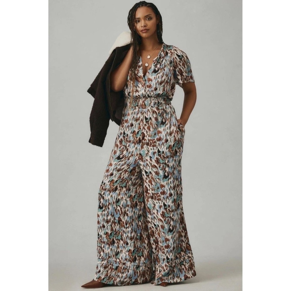 Anthropologie Somerset Jumpsuit Abstract Wide Leg Smocked Waist Plus Size 1X